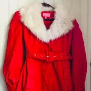 NWT Dolls Kill Sugar Thrillz Red Starry Delight Coat Removable Fur Collar XS
